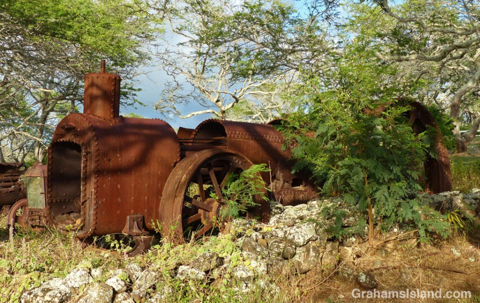 An old engine sits in an open area on the Big Island.