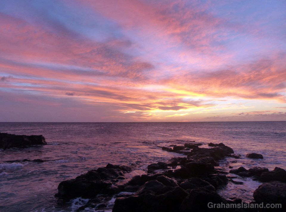 At sunset, the sky and water display a slowly-changing palette of pastels.