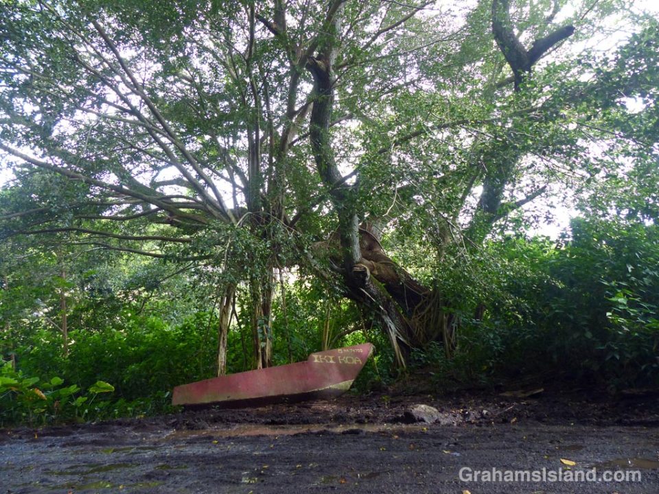 An old boat hull beside the road to Waipi'o beach.
