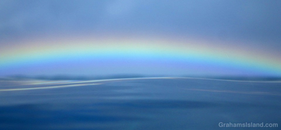 A low rainbow seen over a tranquil sea.