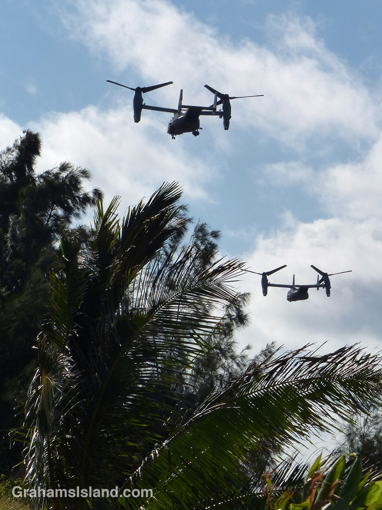 Two V-22 Osprey aircraft leave Upolu Airport on the Big Island.