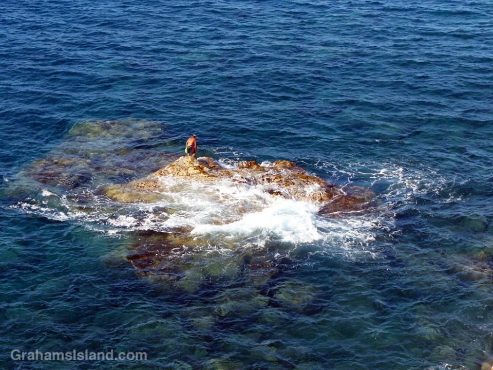 A man harvests opihi off the coast of the Big Island of Hawaii.
