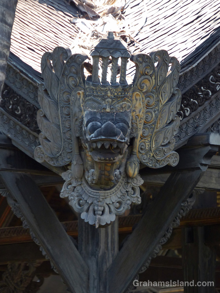 A carving on the Bali House at Kiholo Bay on the Big Island of Hawaii.