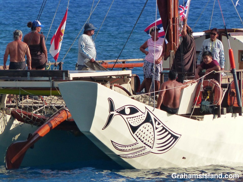 The Tahitian voyaging canoe Fa‘afaite off the coast of the Big Island of Hawaii.
