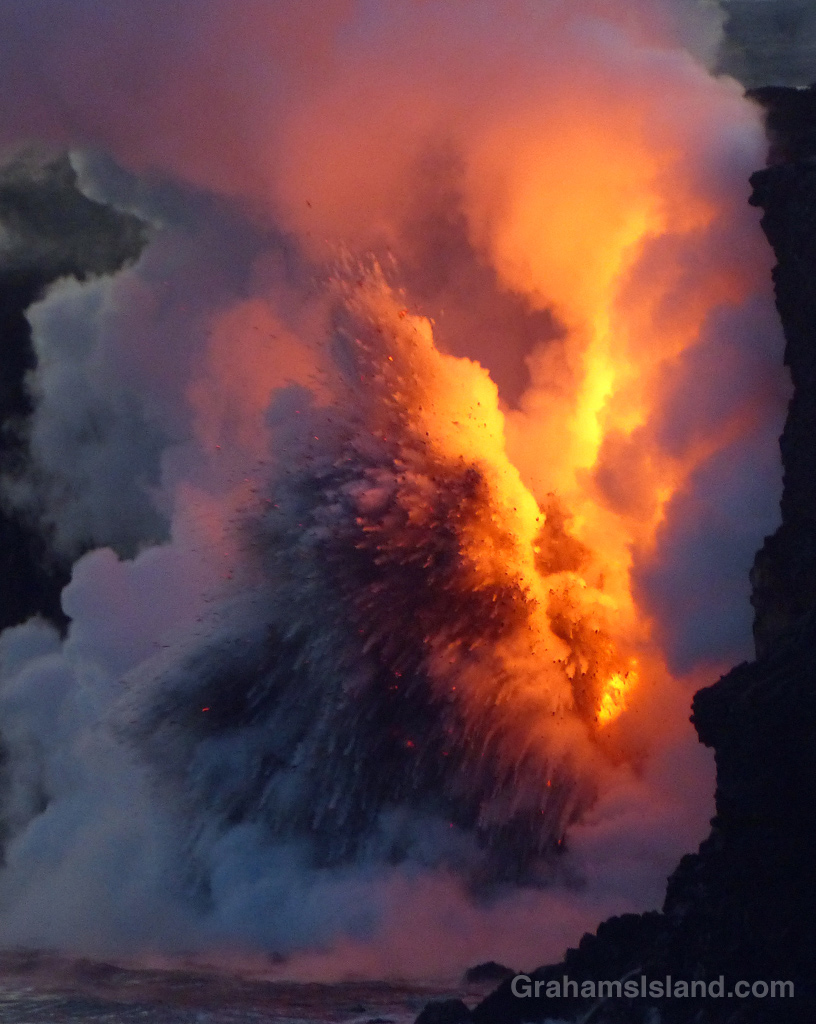 Lava from Kilauea’s Pu’u O’o vent pours into the ocean.