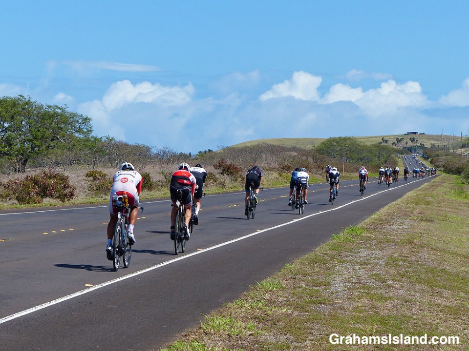 A long line of cyclists straggle up the slope toward Hawi.