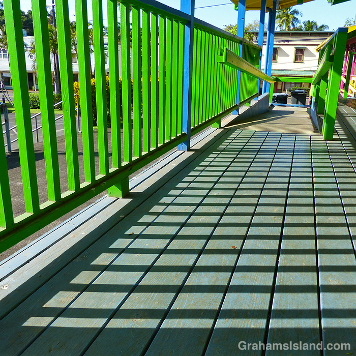 A green railing in Kapaau, Hawaii