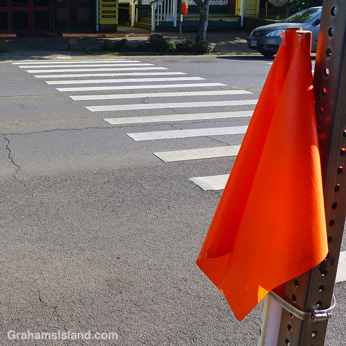 Orange flags by a pedestrian crossing