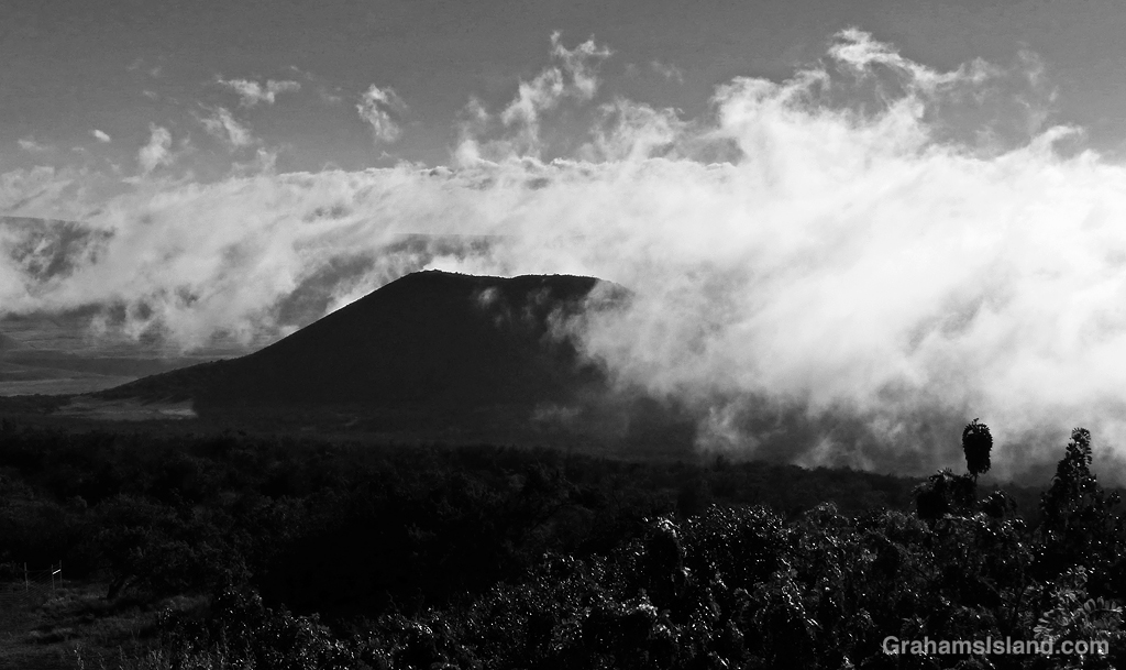 Clouds swirl around Pu'u Ahumoa on the slopes of Mauna Kea