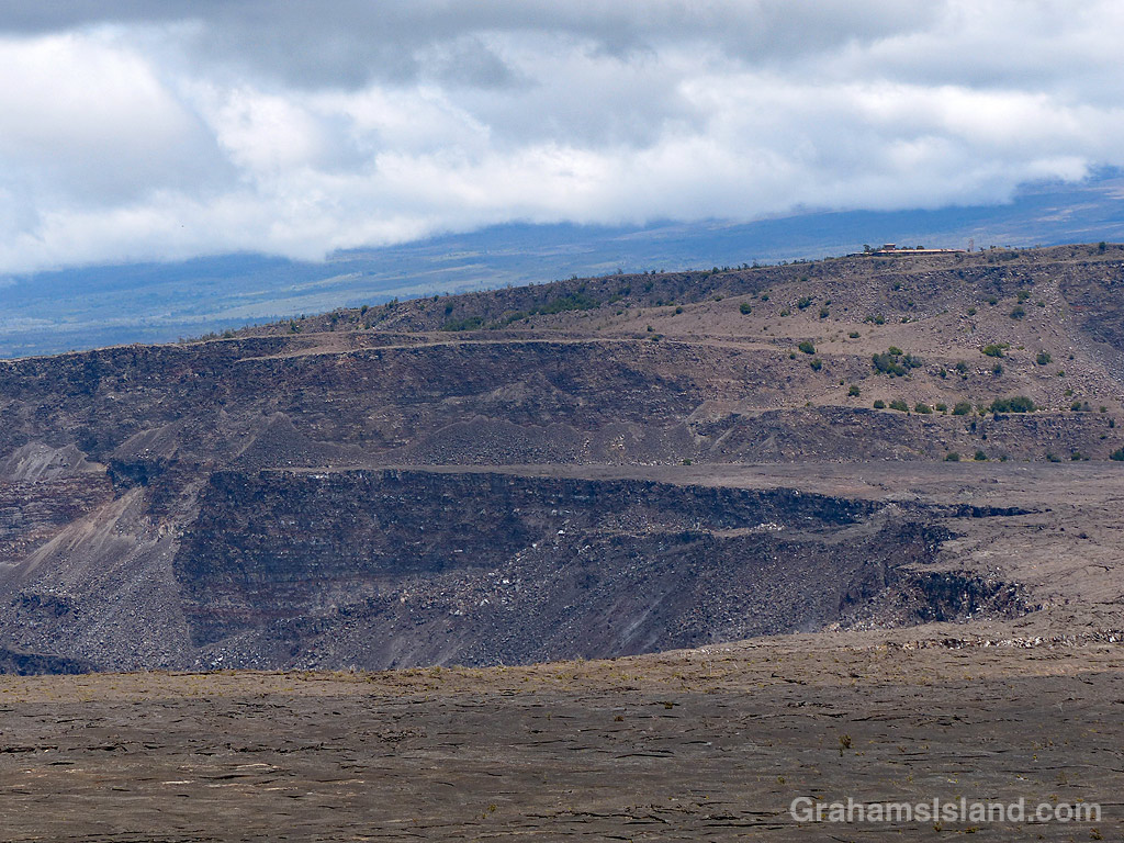 A view of Halemaumau Crater and Jaggar Museum in Hawaii Volcanoes National Park