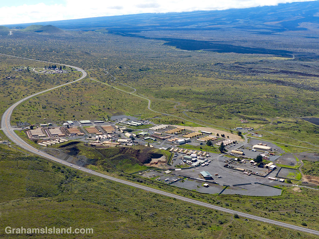 An aerial view of Pohakuloa Training Area and Mauna Kea Recreation area