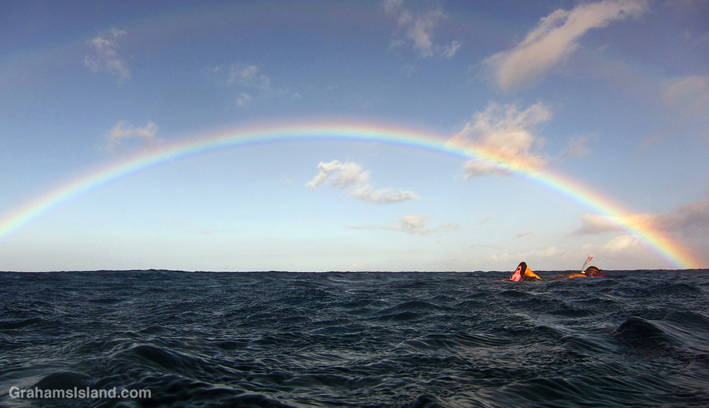 A snorkeler swims towards the end of a rainbow in Hawaii.