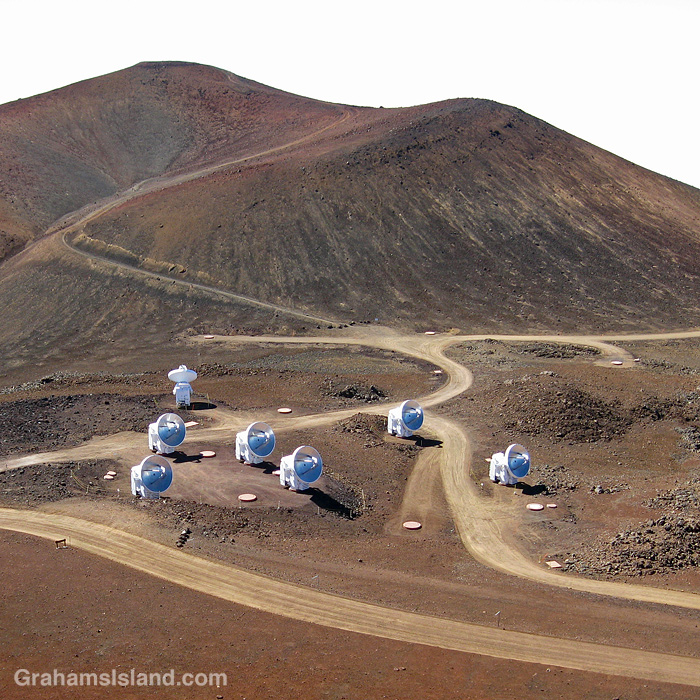 A view of the Smithsonian Submillimeter array from the Subaru Telescope on Mauna Kea, Hawaii