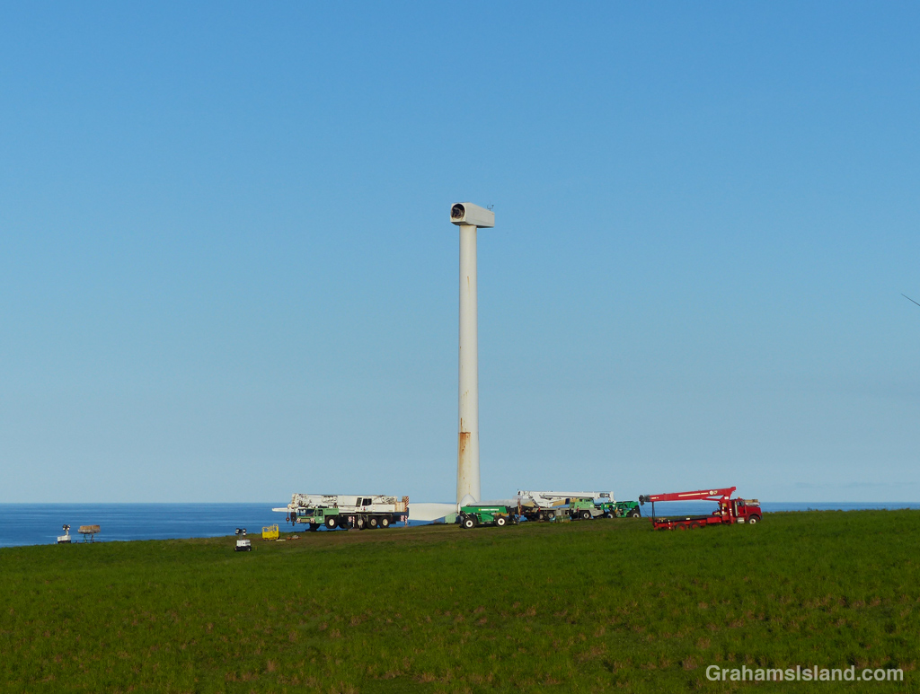 A wind turbine at Hawi Wind Farm has its rotor removed for maintenance