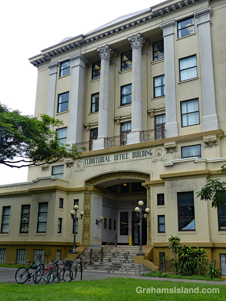 The Territorial Office Building with bike rack in front in Honolulu, Hawaii