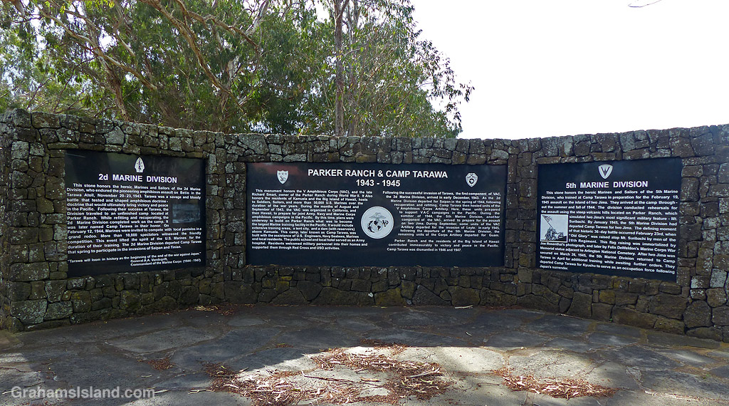 Signs at the entrance to the former Camp Tarawa in Waimea, Hawaii