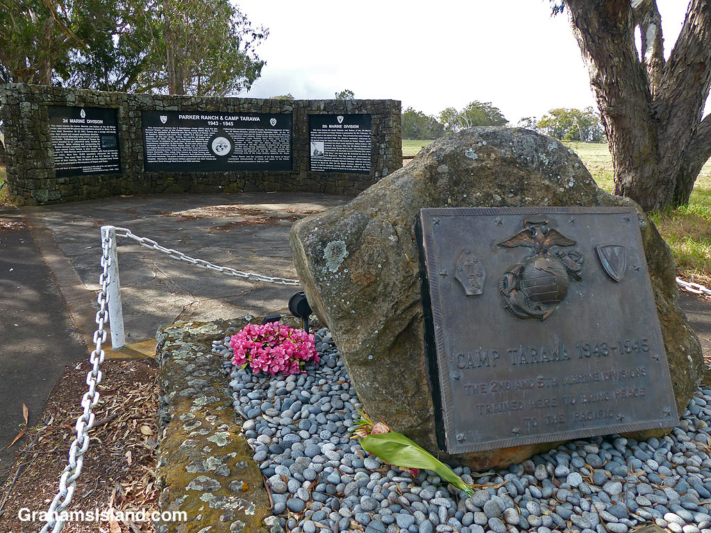 Signs at the entrance to the former Camp Tarawa in Waimea, Hawaii