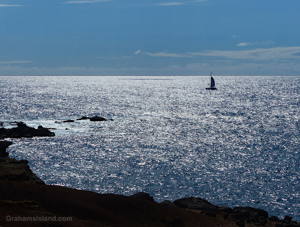 A Catamaran sails on sparkling waters off Hawaii