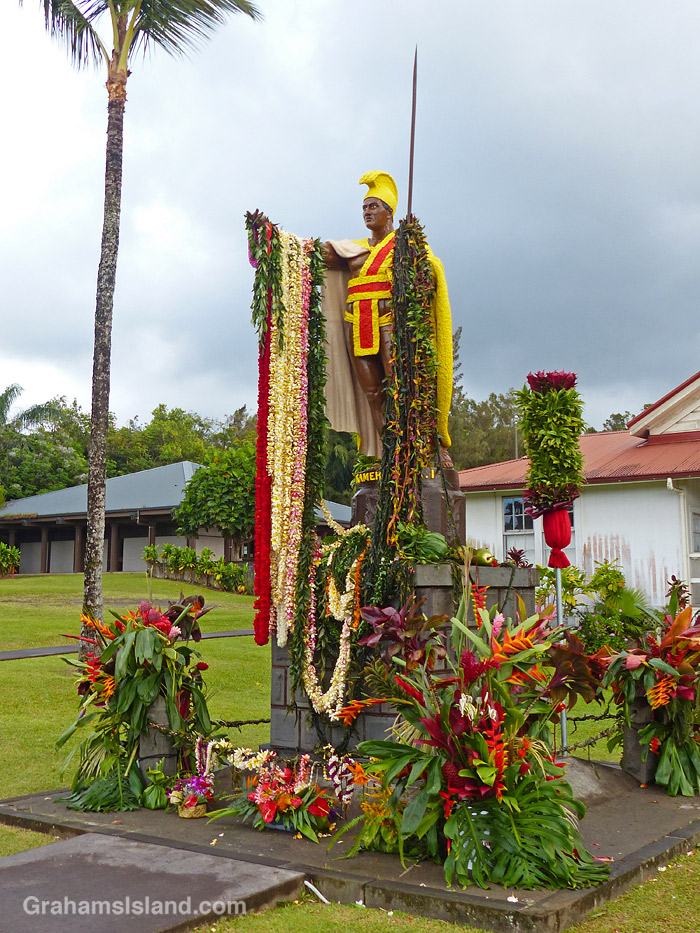 The statue of King Kamehameha in Kapaau, Hawaii, is decorated with leis on his birthday