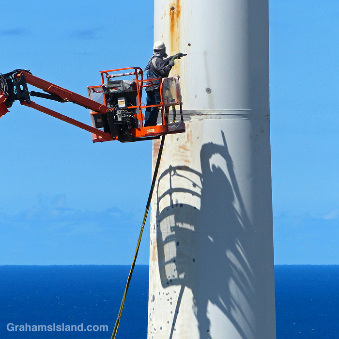 Maintenance work on a wind turbine at Hawi Wind Farm, Hawaii.