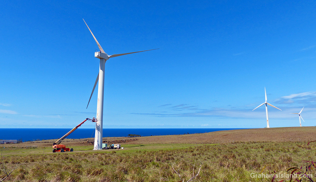 Maintenance work on a wind turbine at Hawi Wind Farm, Hawaii.