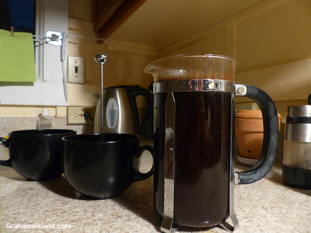 Morning coffee being made with a French press