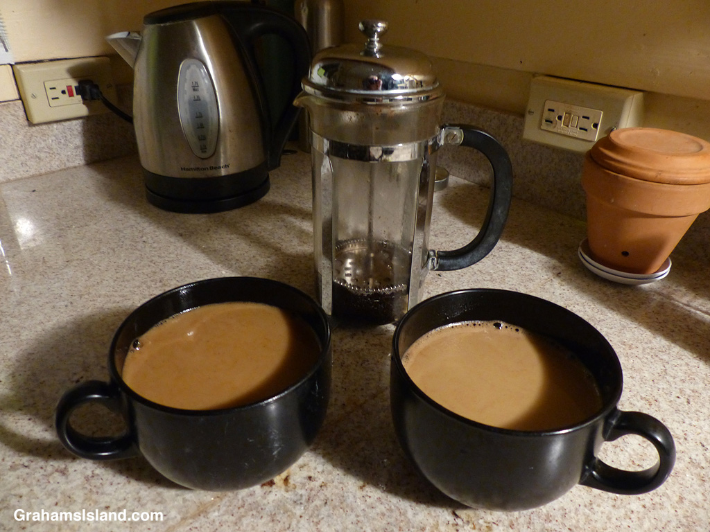 Morning coffee being made with a French press