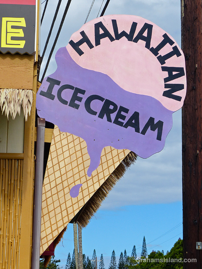 A Purple Ice Cream sign at Kapaau, Hawaii