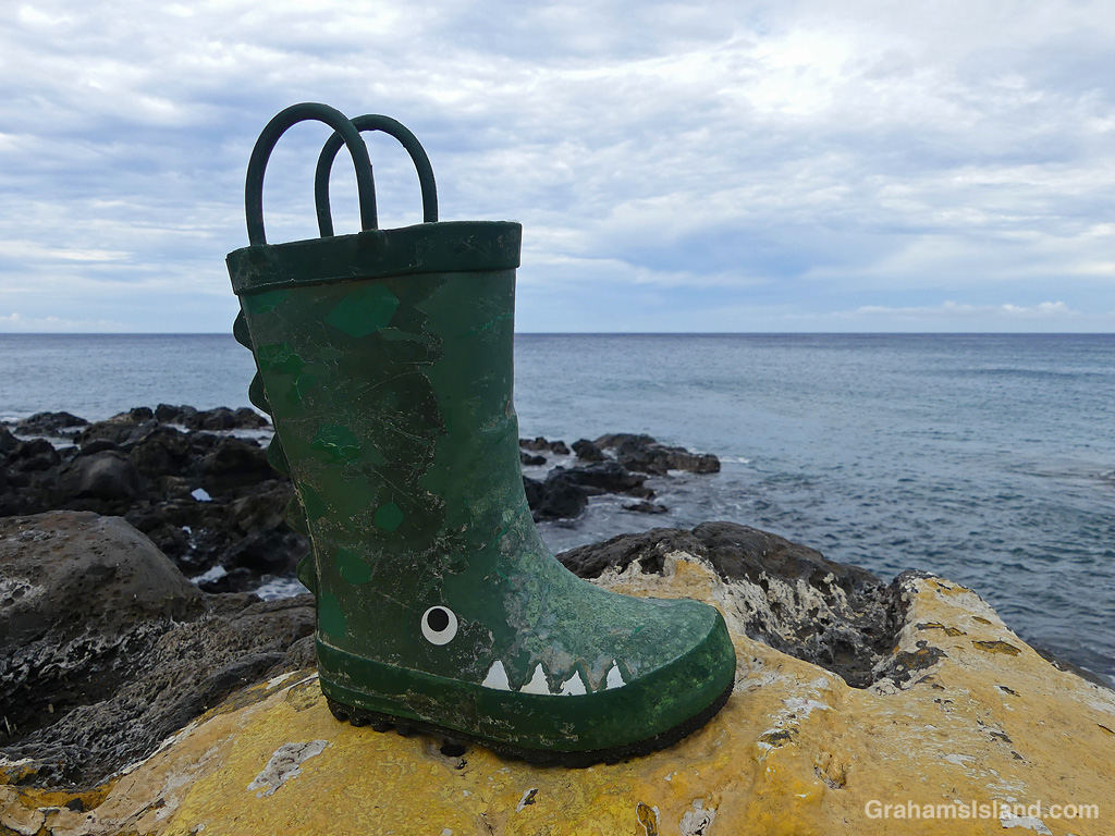 A child's boot left on a rock in Hawaii
