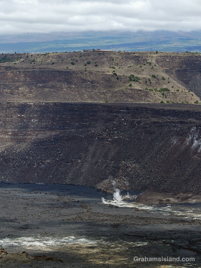 A view of Halemaumau Crater and Jaggar Museum at Kilauea Volcano, Hawaii