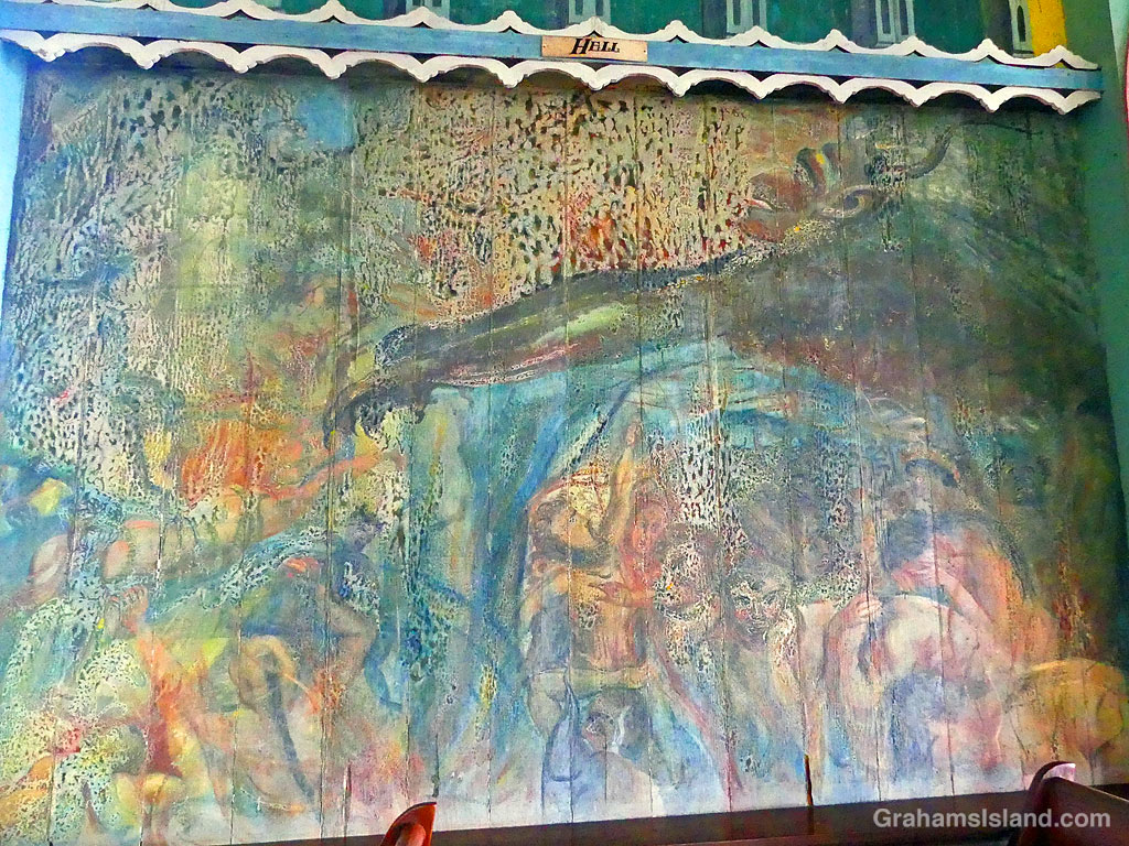A panel depicting Hell in the Painted Church Hawaii