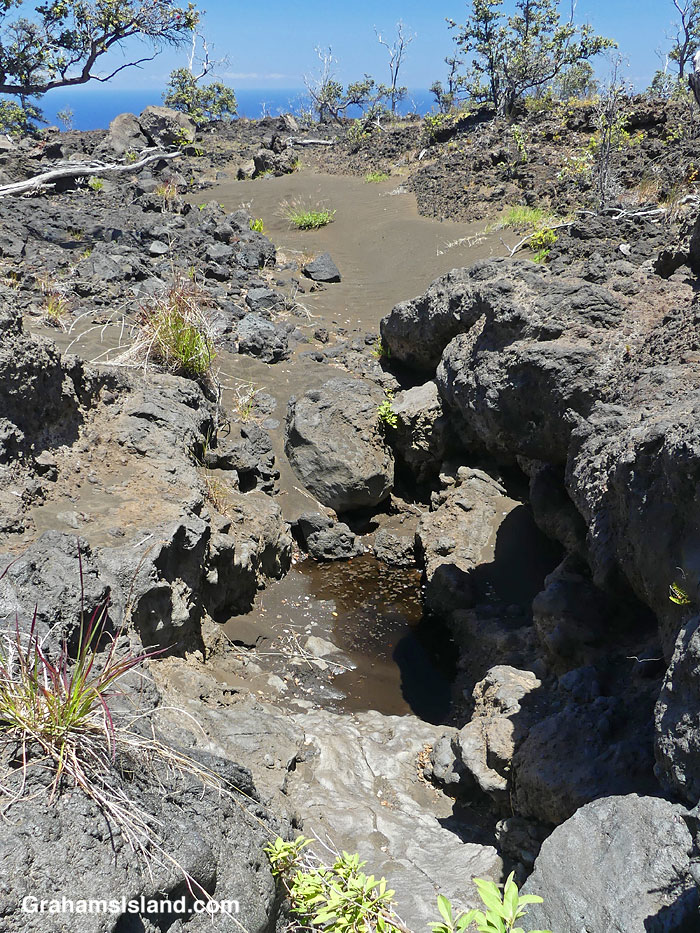 Sand and a pool of water on the Kau Desert Trail in Hawaii