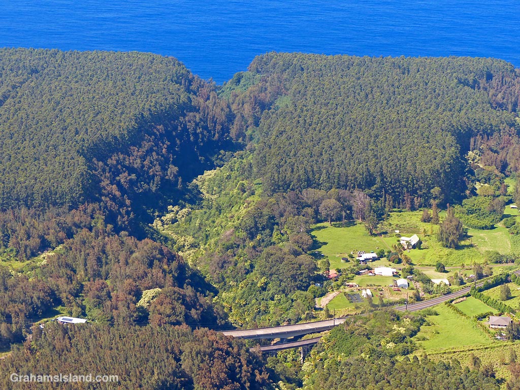 A view of a river gully on the Hamakua Coast in Hawaii as seen from the air