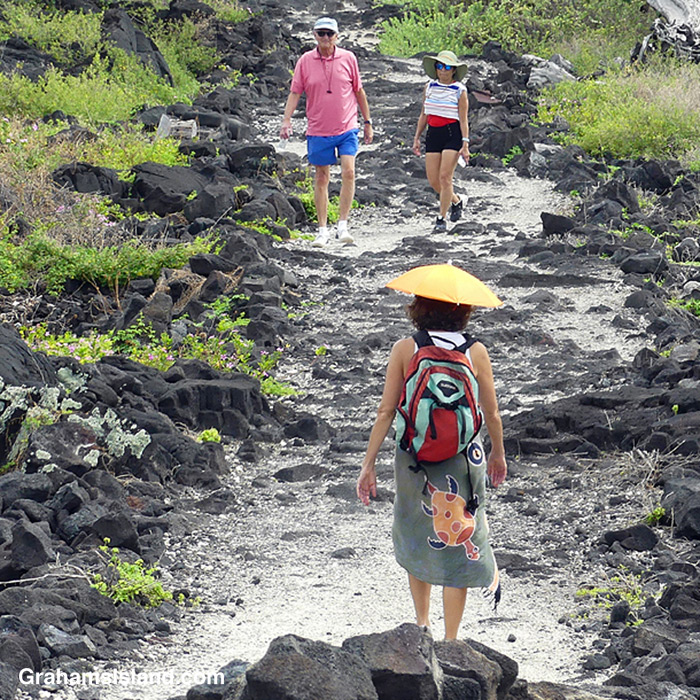 A hiker wears an umbrella hat on the 1871 Trail in Hawaii