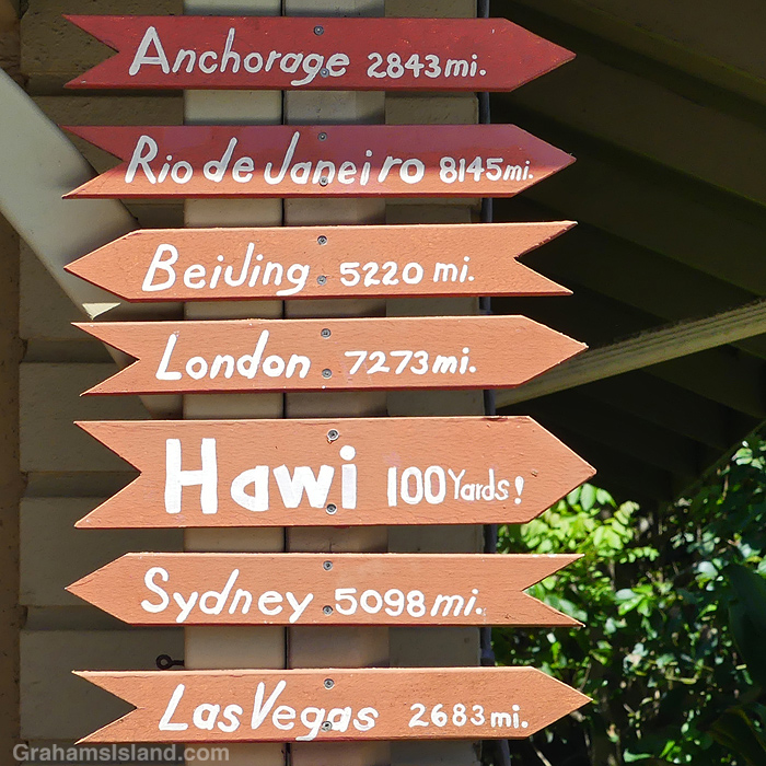 Signposts outside the Kohala Resource Center in Hawi, Hawaii