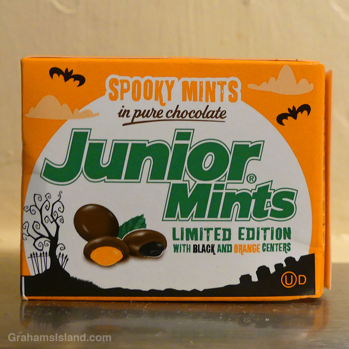 A small box of Junior Mints for Halloween trick or treaters