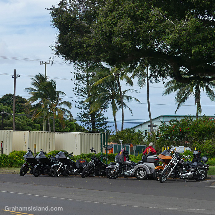 Seven Motorbikes parked in Hawi, Hawaii
