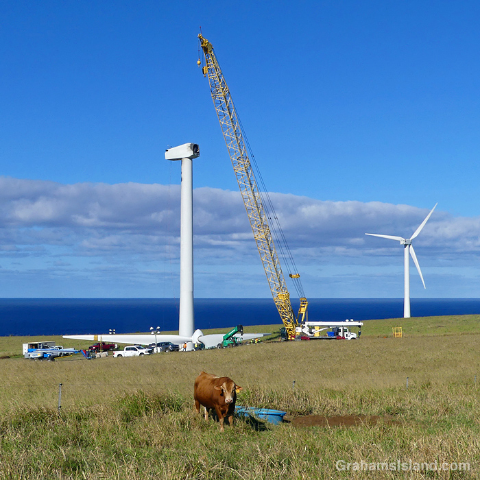 A crane prepares to hoist new blades onto a turbine at Hawi Wind Farm in Hawaii