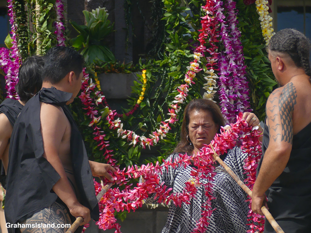 Leis being arranged at the Statue of King Kamehameha in Kapaau, Hawaii