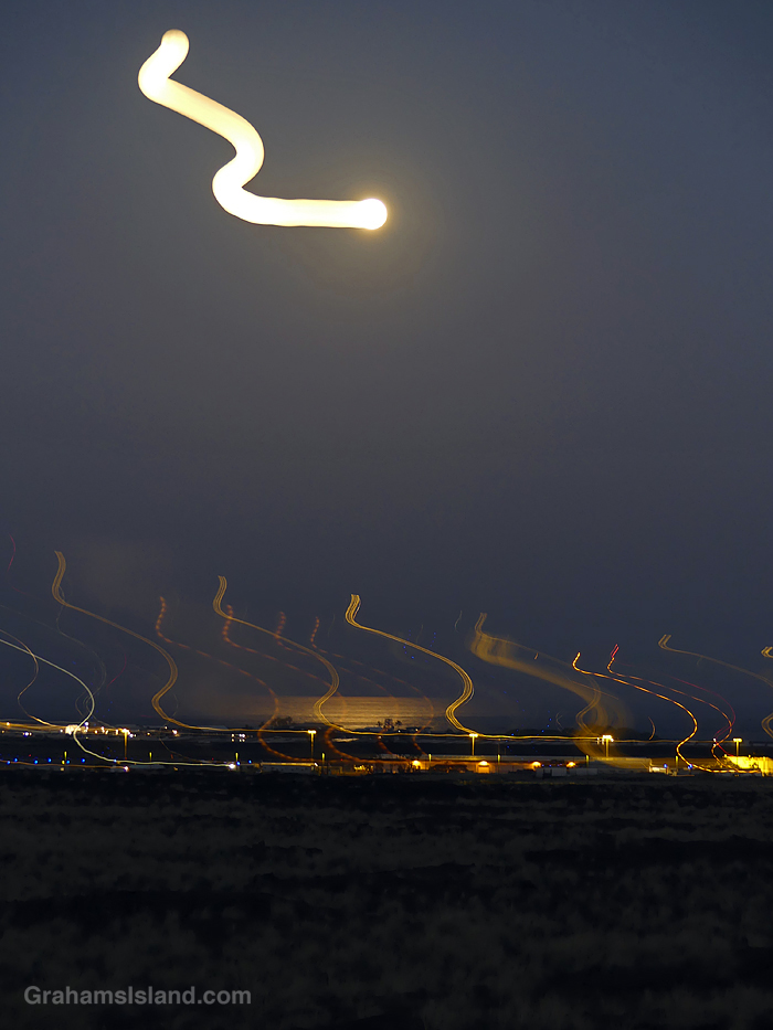 A view of the full moon over Kailua Kona Airport in Hawaii