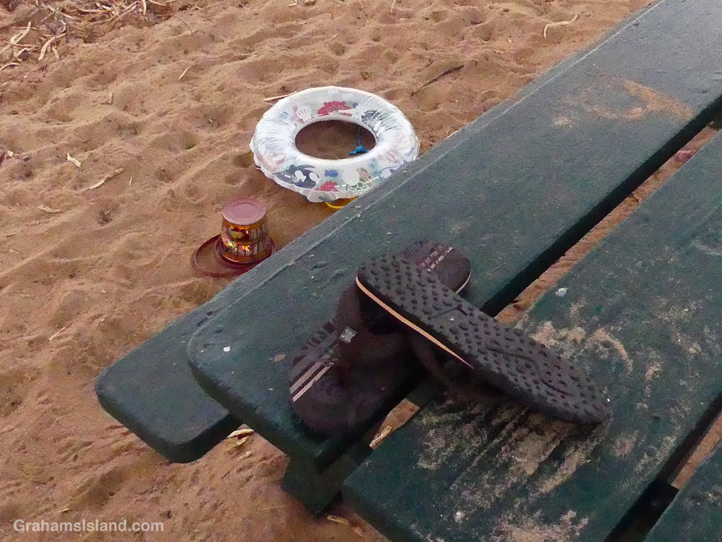 Slippahs and a flotation tube at Spencer Beach Park in Hawaii