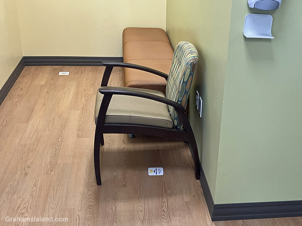 Signs on the floor of a waiting room in Hawaii