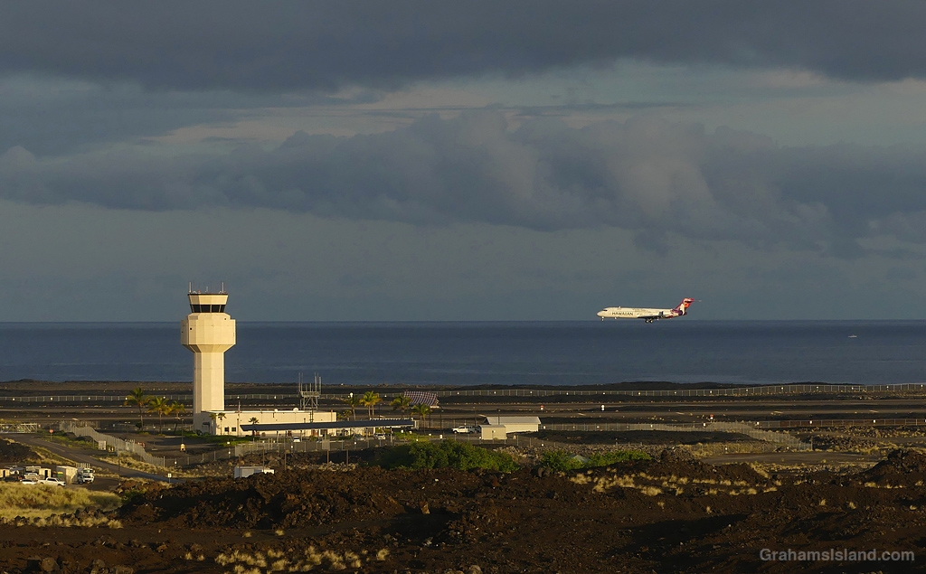 A plane lands at Kailua Kona Airport in Hawaii