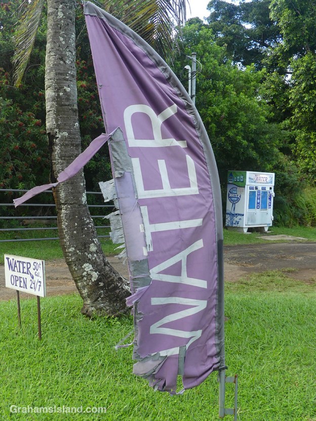 A banner at a water dispenser in Hawi, Hawaii