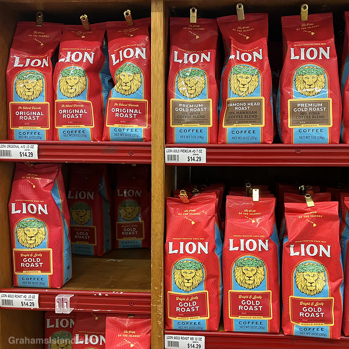 Lion coffee bags in a grocery store in Hawi, Hawaii