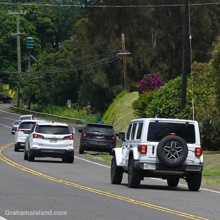 Cars brakes at the sight of a police car in Hawi Hawaii