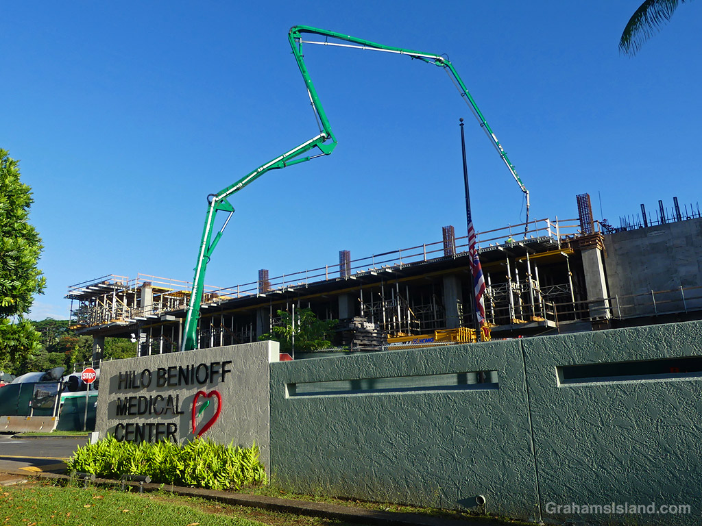 Pumping concrete at a construction site at Hilo Benioff Medical Center in Hawaii