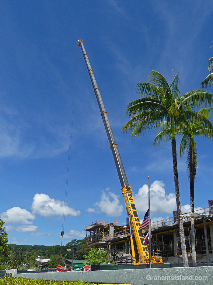A crane at a construction site at Hilo Benioff Medical Center in Hawaii