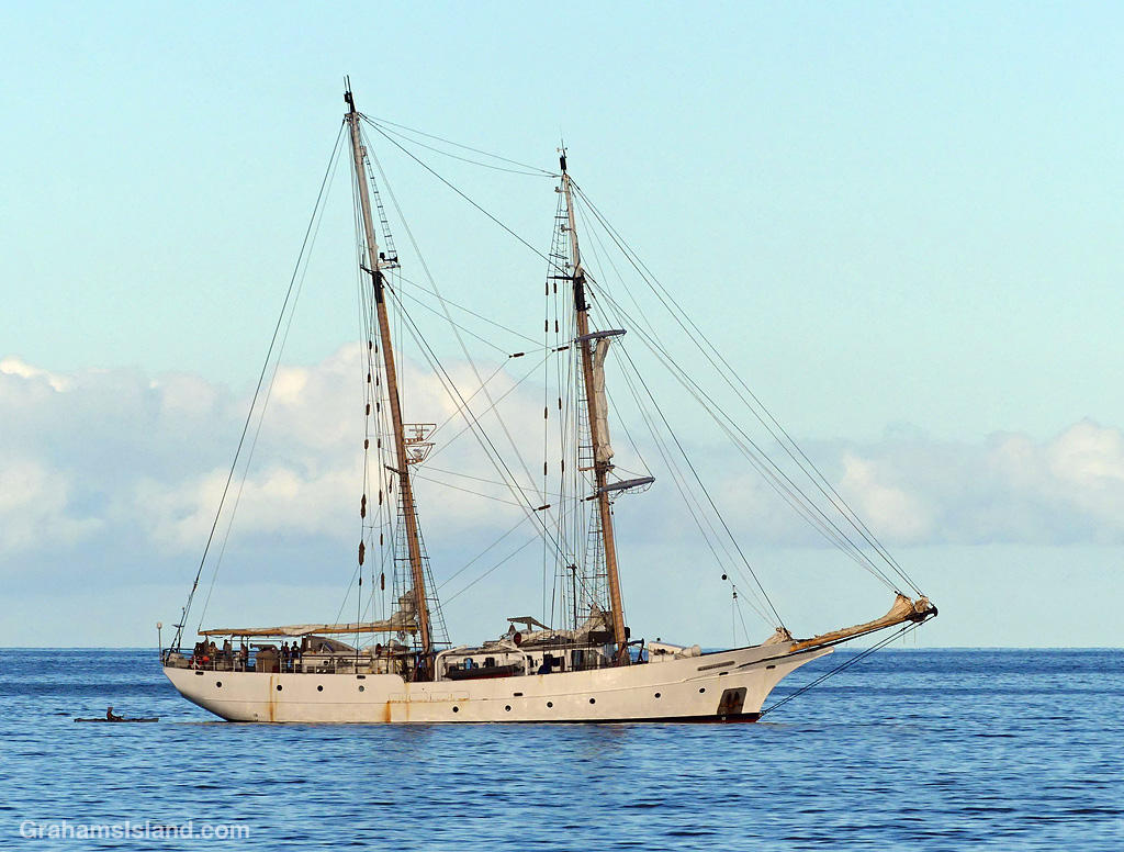 The Robert C. Seamans schooner anchored off Kawaihae Harbor, Hawaii