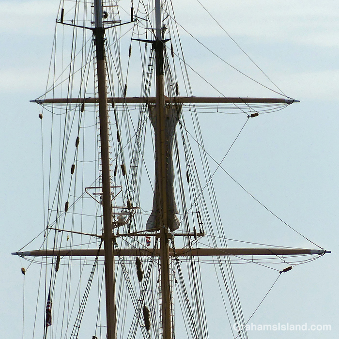 Rigging on the Robert C. Seamans schooner anchored off Kawaihae Harbor, Hawaii